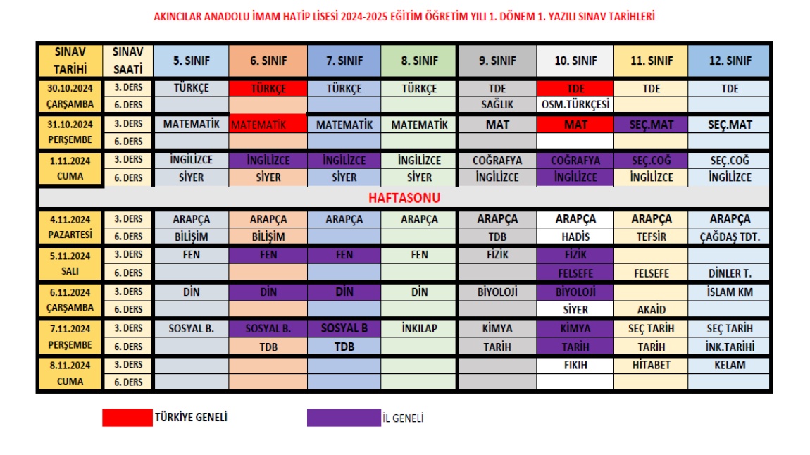 2024-2025 1.Dönem 1.Yazılı Sınavlar Takvimi